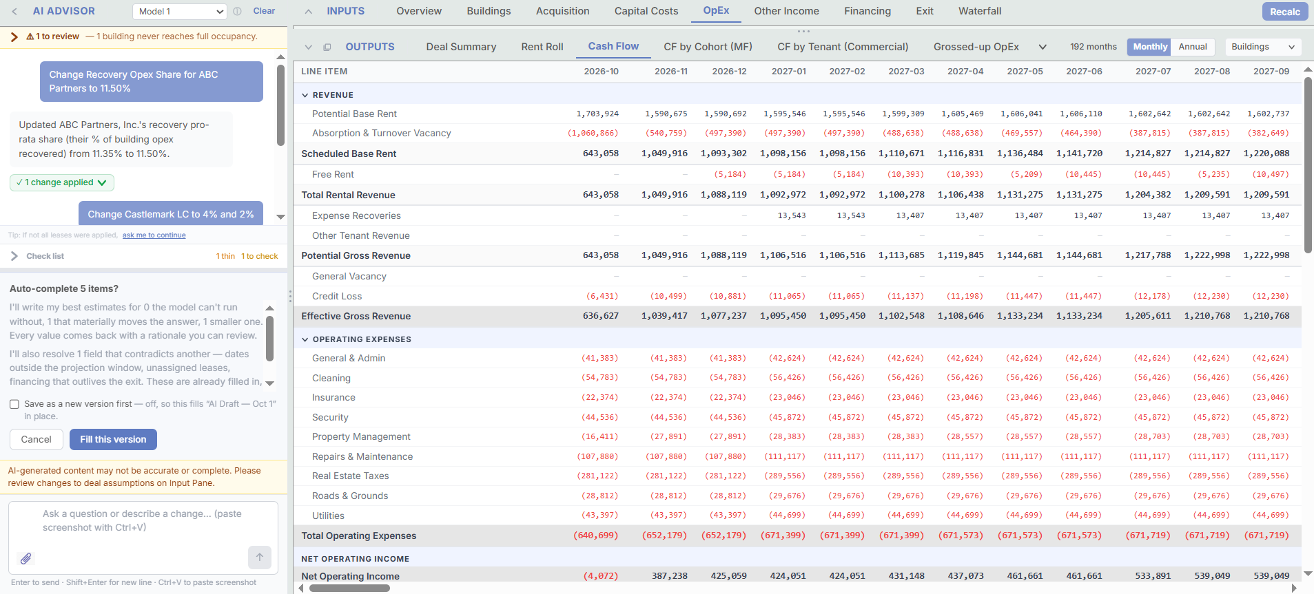 AI Advisor panel with an Auto-complete dialog offering to fill five missing items, with an unchecked option to save as a new version first, beside a monthly cash flow from potential base rent to net operating income