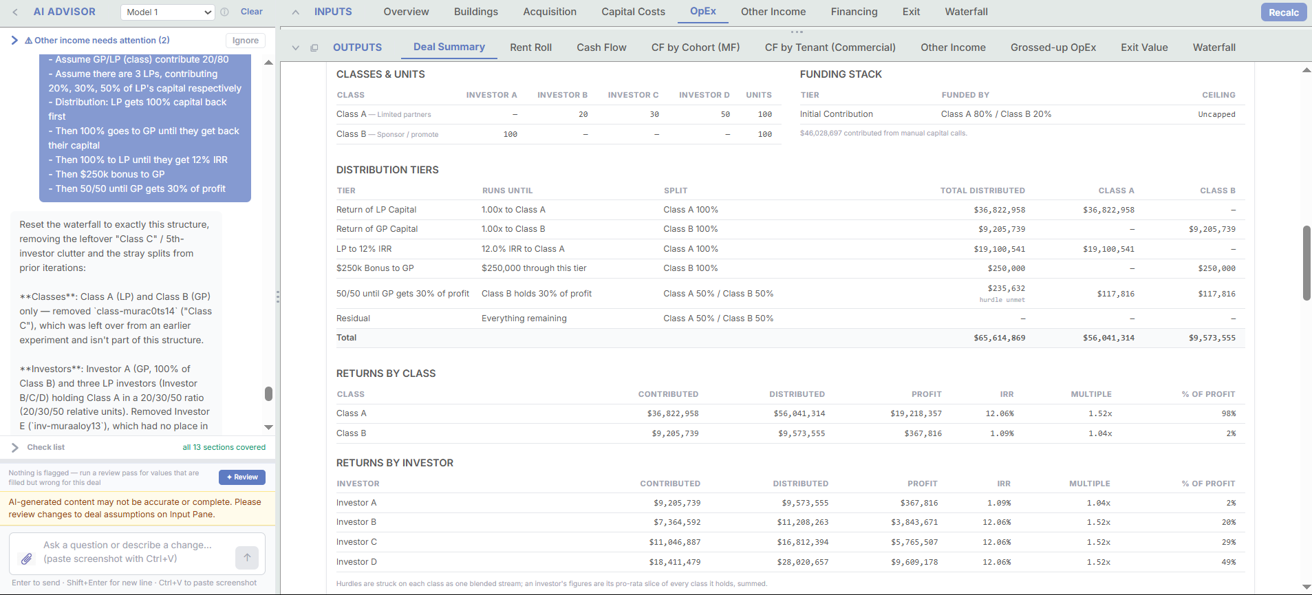 Deal summary waterfall tables showing two classes of securities and four investors, a distribution tier schedule from return of capital through a 12% IRR hurdle, a GP bonus and a profit-share tier, and returns by class and by investor, beside the plain-language request that created it