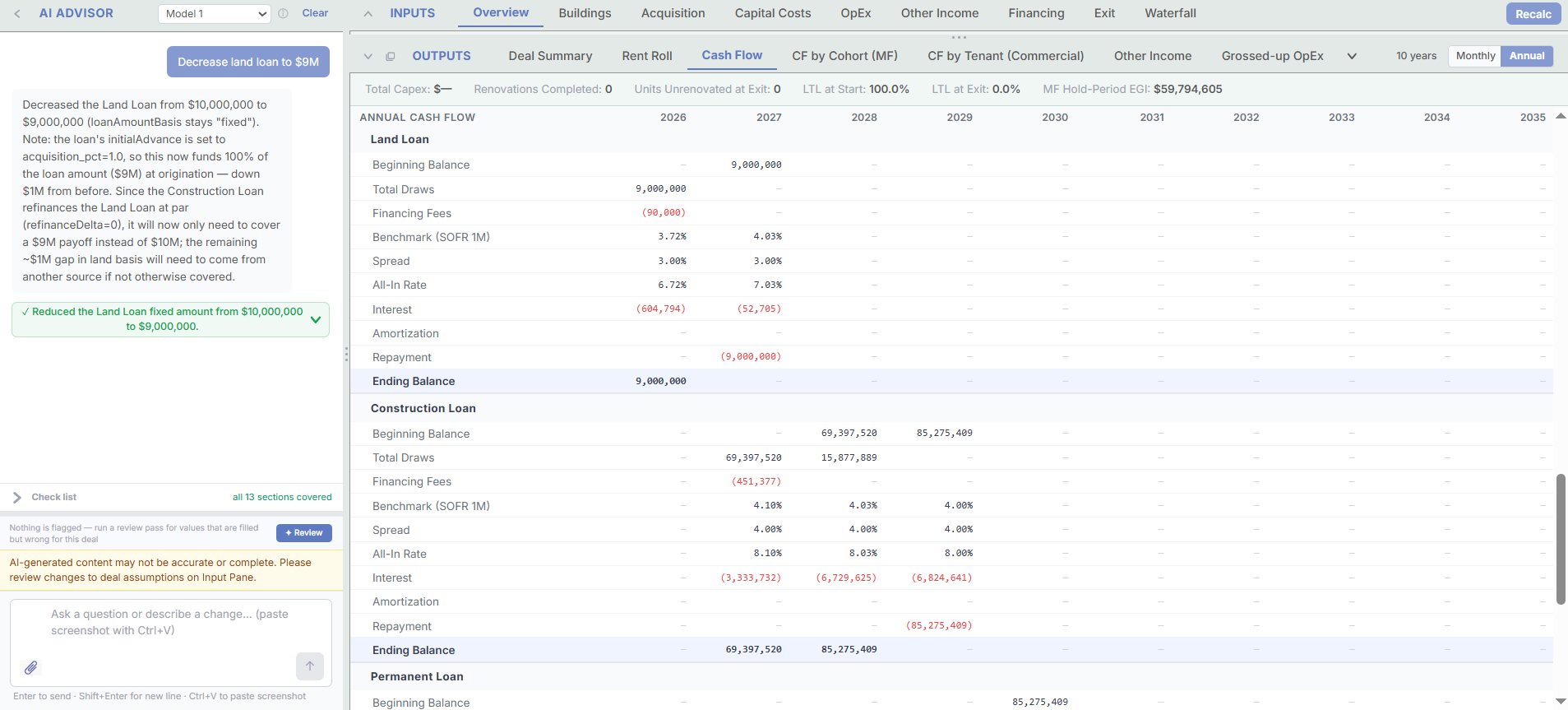 Annual debt schedules for a land loan, a construction loan, and a permanent loan showing draws, financing fees, SOFR benchmark, spread, all-in rate, interest, and repayment, with the permanent loan refinancing the construction balance, beside an AI Advisor exchange reducing the land loan to $9 million