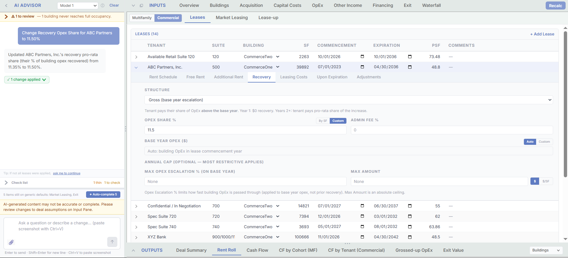 Lease input screen for an office tenant showing a gross base-year-stop recovery structure with a custom 11.5% OpEx share, automatic base-year OpEx, and optional annual cap fields, beside an AI Advisor exchange that changed the recovery OpEx share