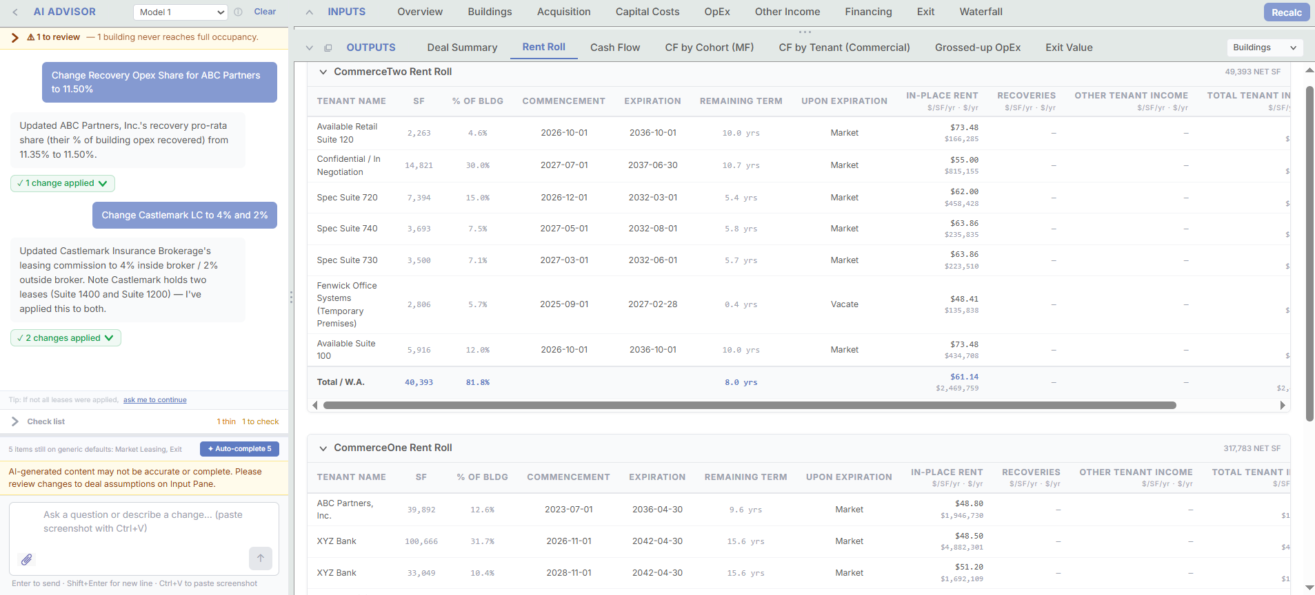 Rent roll output for a two-building office deal showing separate CommerceTwo and CommerceOne tables with tenant, square feet, percent of building, remaining term and weighted-average totals, with a building selector and the AI Advisor chat on the left