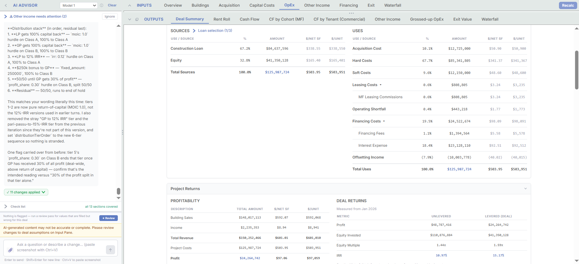 Deal summary showing sources and uses of funds for a development project with per-square-foot and per-unit columns, followed by project profitability and unlevered versus levered profit, equity multiple, and IRR