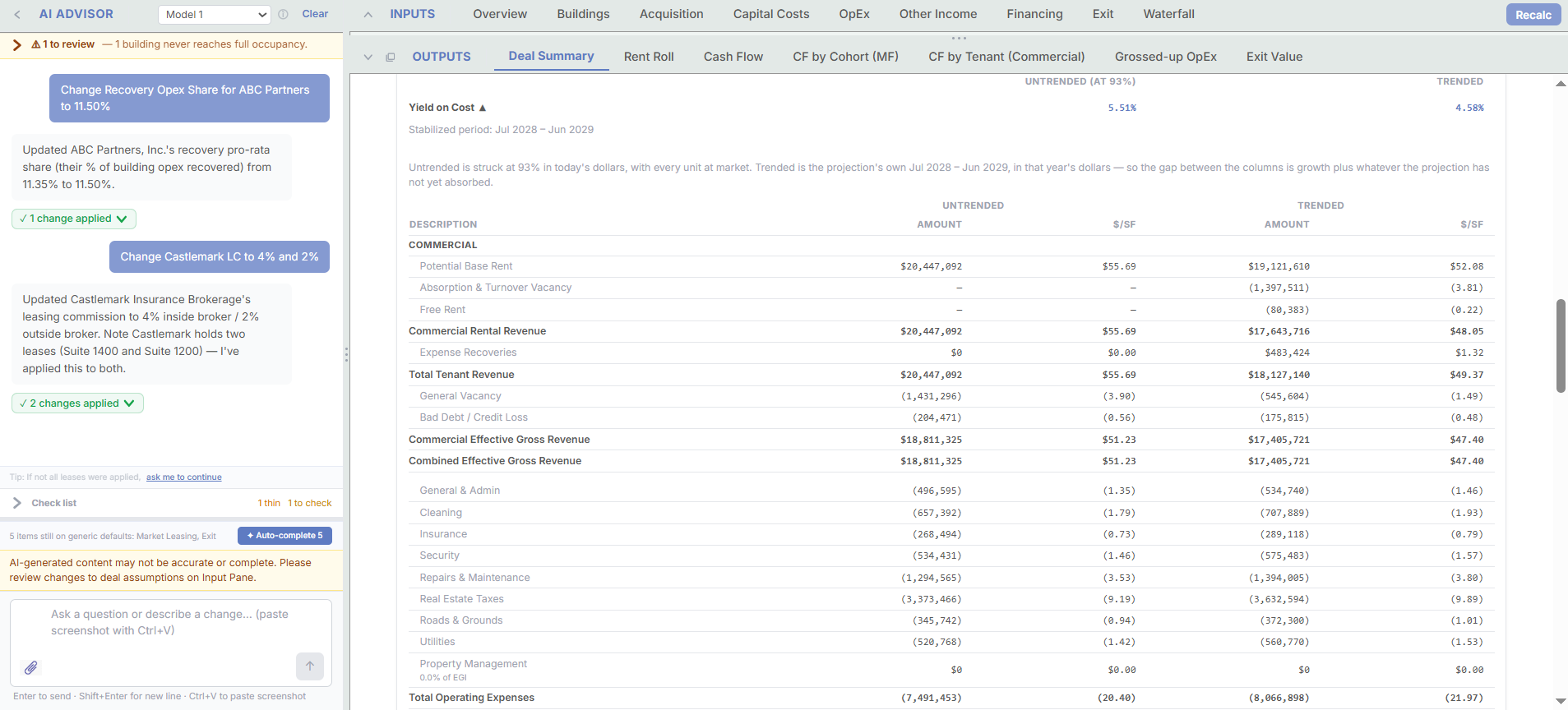 Yield on cost table comparing untrended and trended columns, with commercial rental revenue, expense recoveries, general vacancy, credit loss, operating expense lines, and net operating income shown in dollars and dollars per square foot